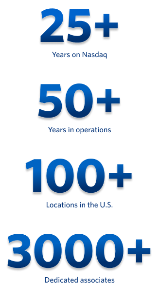 25 plus years on Nasdaq. 50 plus years in operations. 110 plus locations in the US and Asia. 3000 plus Dedicated associates.