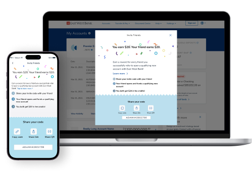 The screen in the East West Bank mobile app that allows users to invite friends to become account holders.