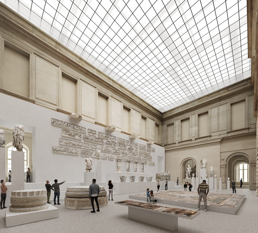 Rendering of the updated Roman Antiquities Trail in the Sphinx Courtyard at the Louvre. Image courtesy of WHY Architecture.