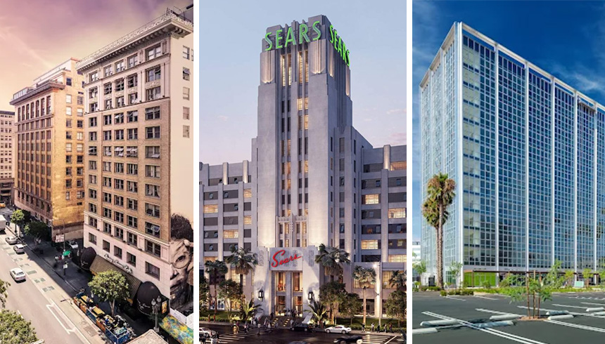 East West Bank is helping Shomof Group repurpose underutilized commercial buildings into new residential housing and revitalize communities across Los Angeles. Photos of Spring Towers, Sears Building and Panorama Towers courtesy of Shomof Group.