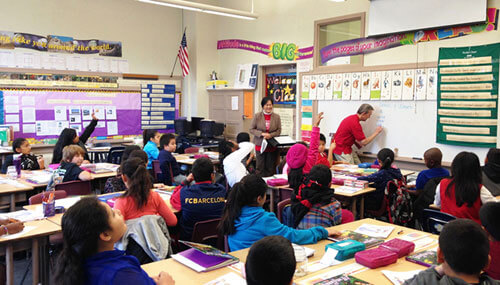 East West Bank volunteers in the school classroom teaching financial literacy for Operation HOPE’s Banking on Our Futures