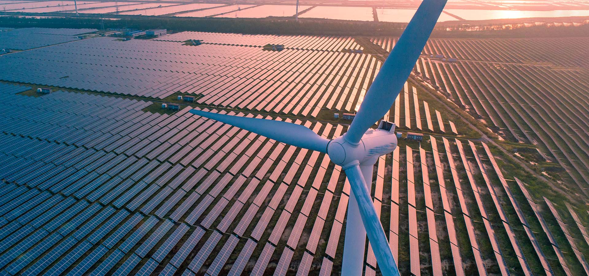 俯瞰一座大型太陽能發電廠裡的大型風車。