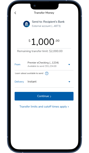 Transferring money with the East West Bank app.