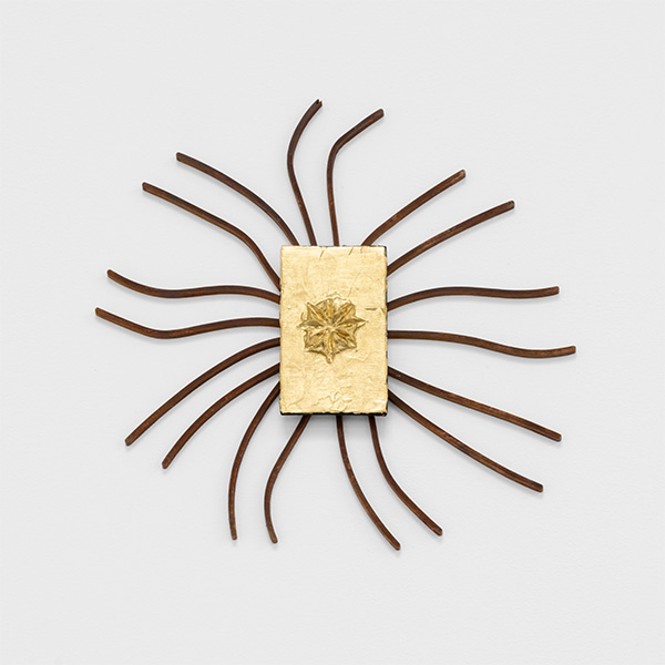 Monument, 2025. Carved and polished limestone, lost-wax cast crystal, inherited doily, waterjet-cut weathering steel.