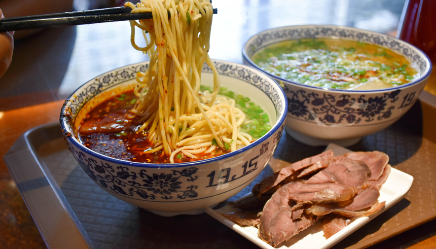 A bow of beef noodle soup, a staple food in Lanzhou, China 