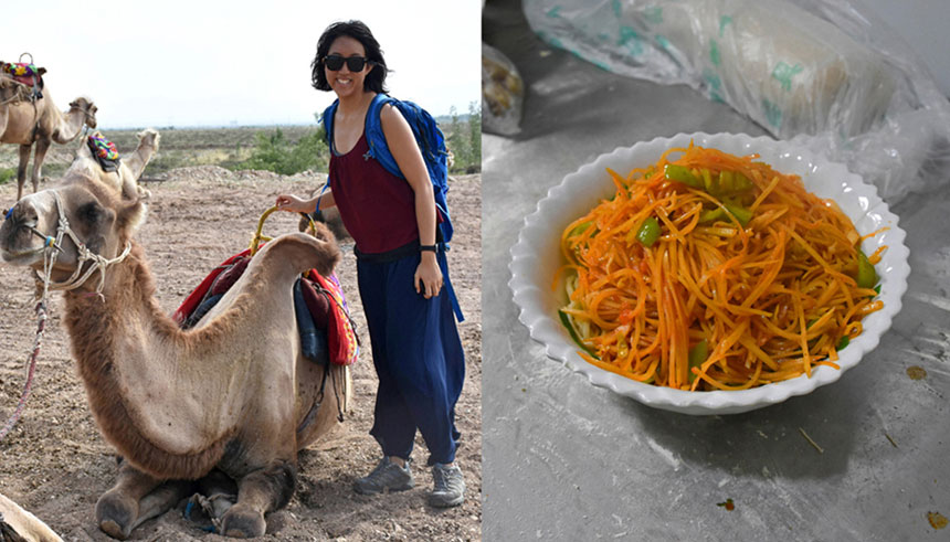 Clarissa Wei poses with a camel, as she travels through China, and learns to make shredded potatoes over noodles