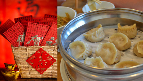Chinese dumplings, Chinese New Year food that symbolizes wealth, next to a basket filled with red envelopes