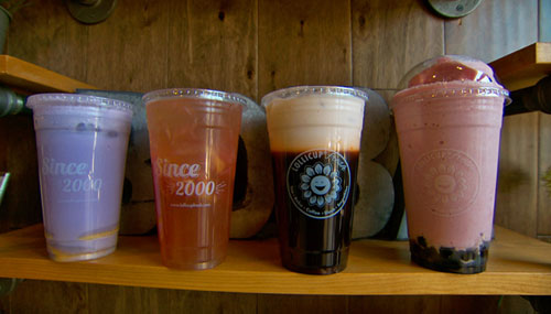 Four different kinds of Lollicup boba drinks on the shelf