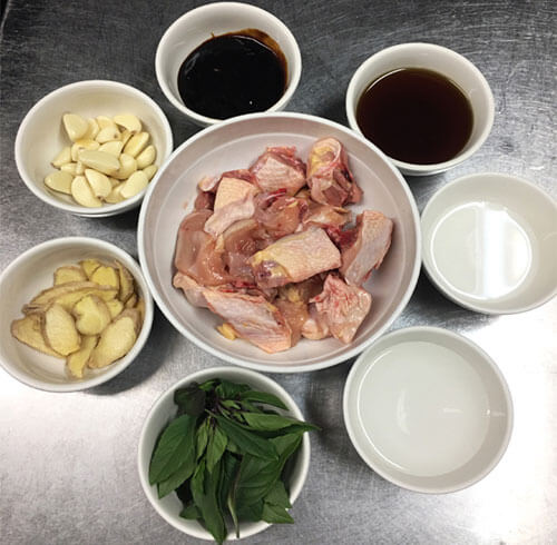 All ingredients needed for Taiwanese Three cup chicken on the table