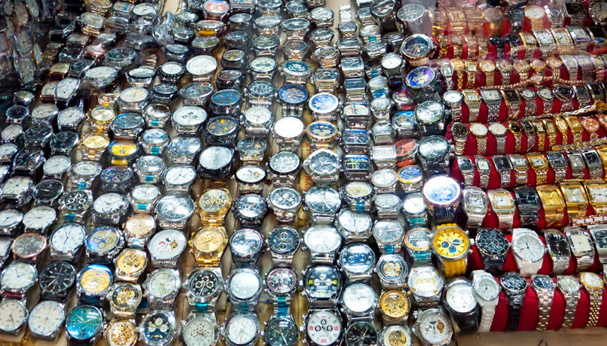 Counterfeit designer watches at a market in Russia