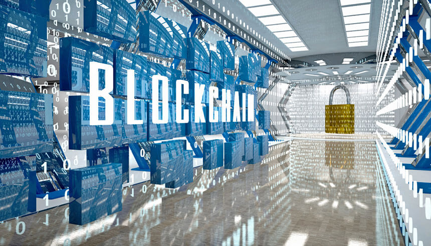 Digital room with padlock and word blockchain in 3d illustration