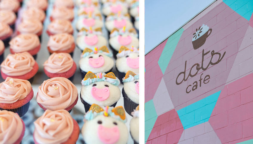 Dots Cafe cupcakes next to a Dots Cafe sign outside
