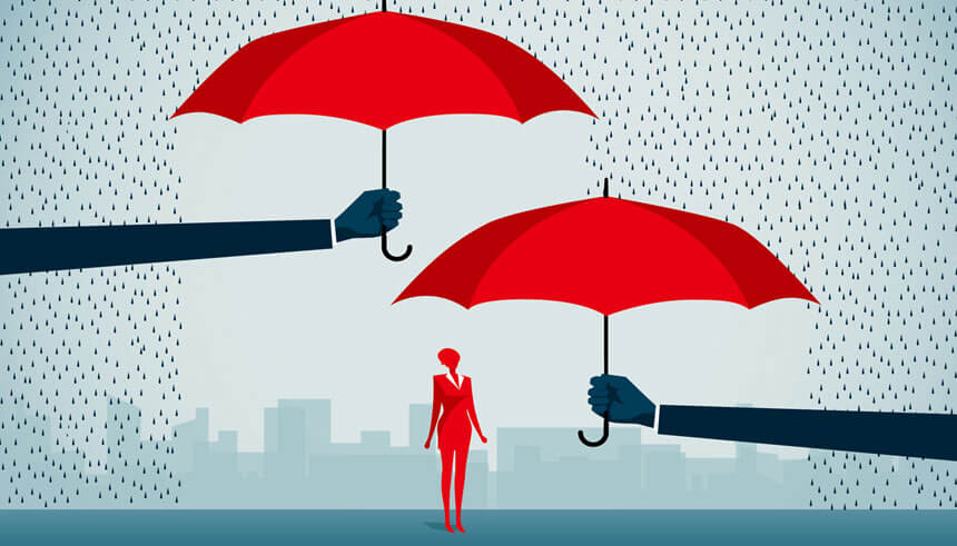 图中一个女生站在两把雨伞下，象征着信贷额度如雨伞般保护企业度过资金不足的时刻