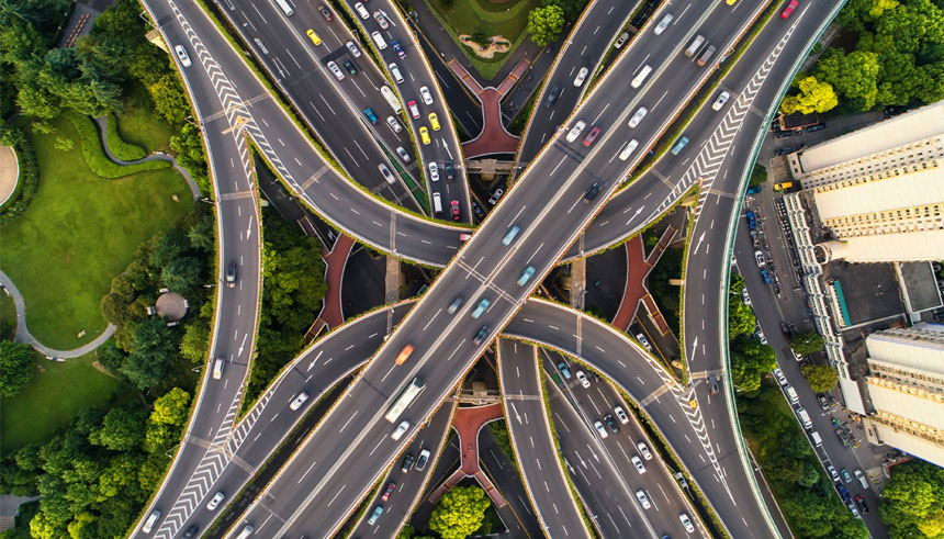 Aerial view of Shanghai highway representing One Belt, One Road initiative