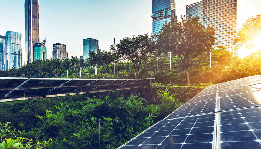 Roof top solar installation with downtown skyline view as background