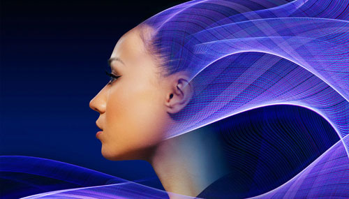 Flowing light waves from profile of woman representing the AI technology