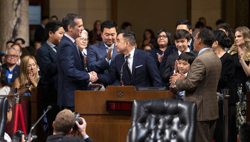Melvin Mar shaking hands with LA Mayor Eric Garcetti after the announcement of 'Fresh Off the Boat Day' on May 2, 2017