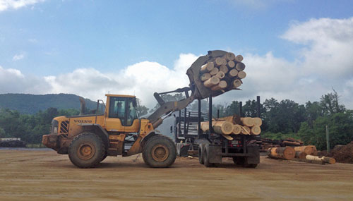 橡穀硬木公司的鏟車拾取原木