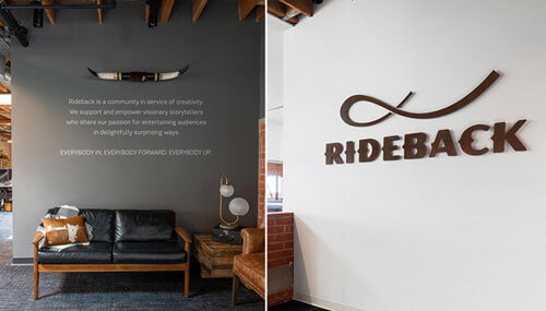 Rideback's motto and new logo on the wall