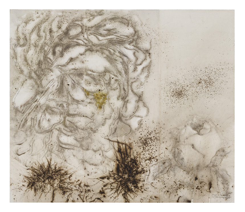 Peony in Full Bloom by Cai Guo-Qiang, 2012. Gunpowder on paper, mounted on three wooden panels